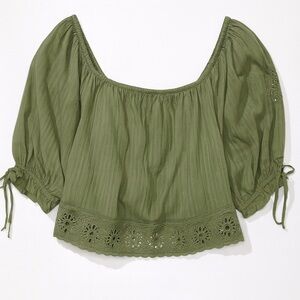 American Eagle Boho Peasant Top Eyelet Trim Sage Green Off Shoulder